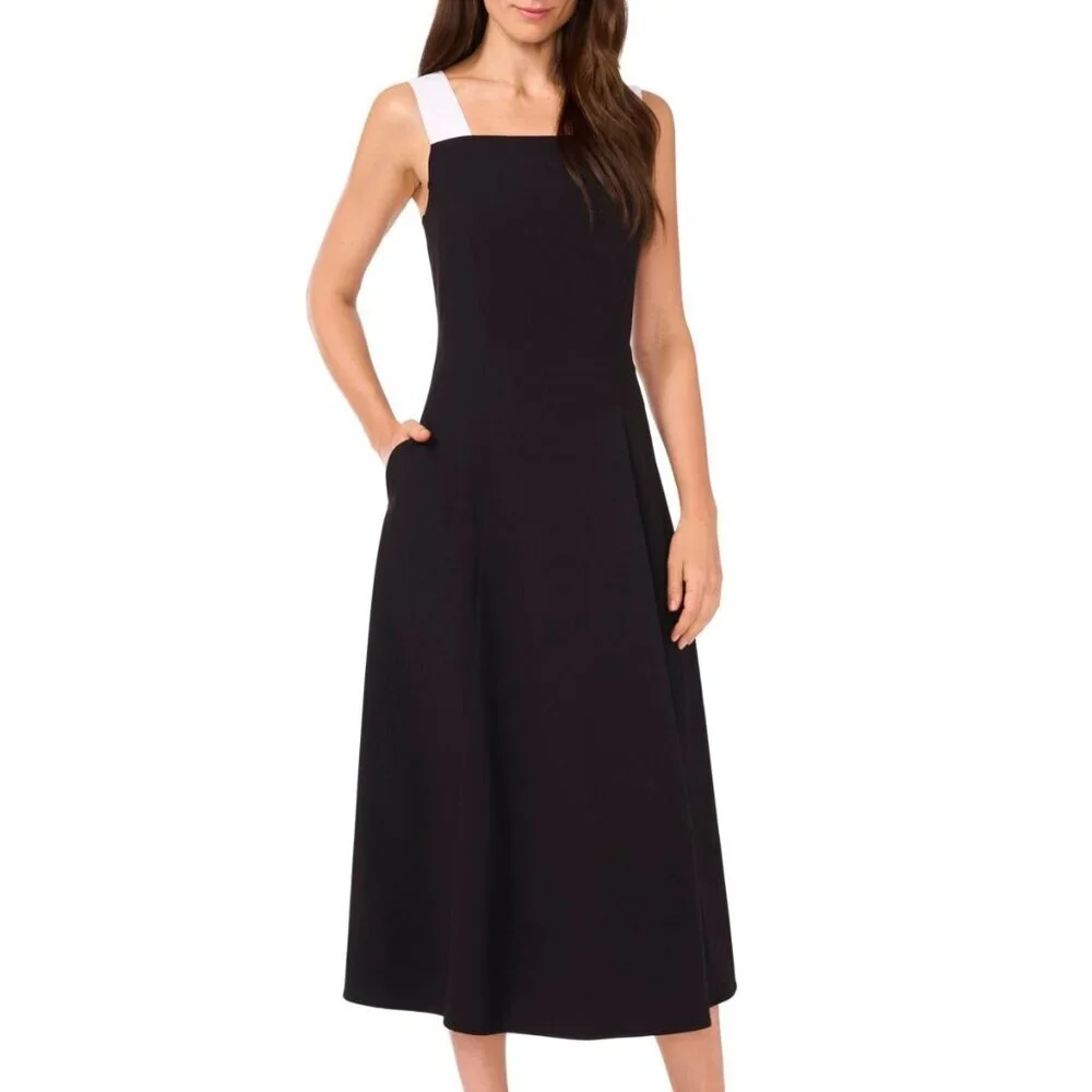 MSK Petites Black White Colorblock Crepe Midi Dress PL NWT Sleeveless Pockets - Picture 5 of 9